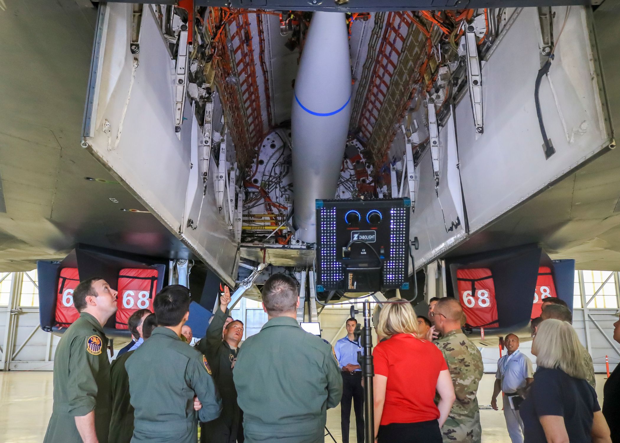 Lt. Col. Dominic Ross, B-1B program element monitor, Air Force Global Strike Command, explains a bulkhead modification to the B-1B bomber that allowed it to carry a notional hypersonic missile mock-up