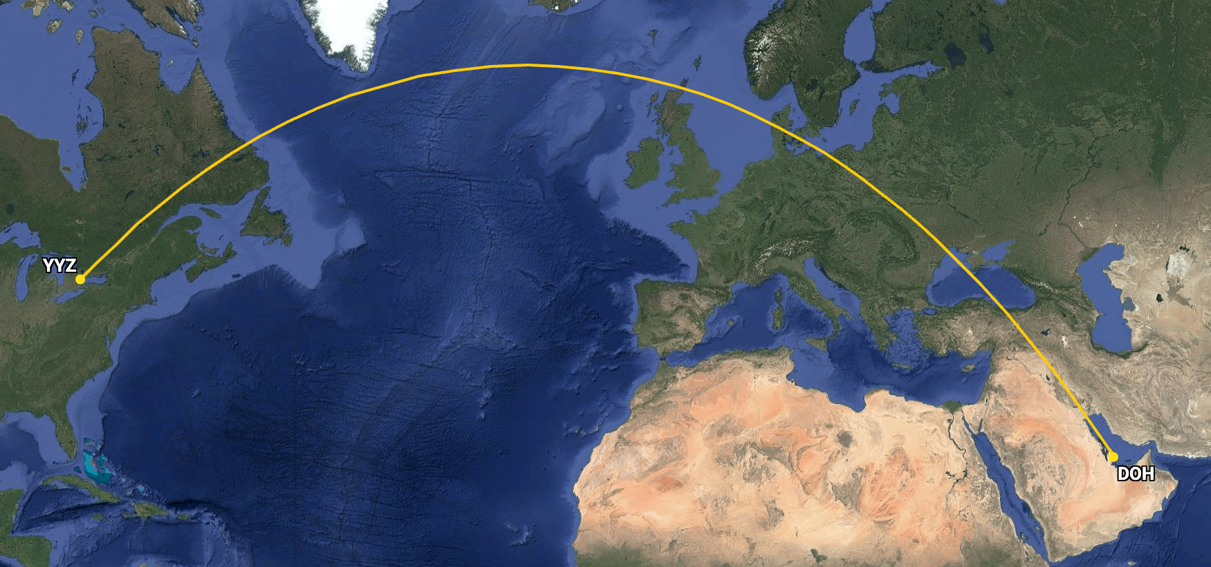 Qatar Airways Road from Doha to Toronto