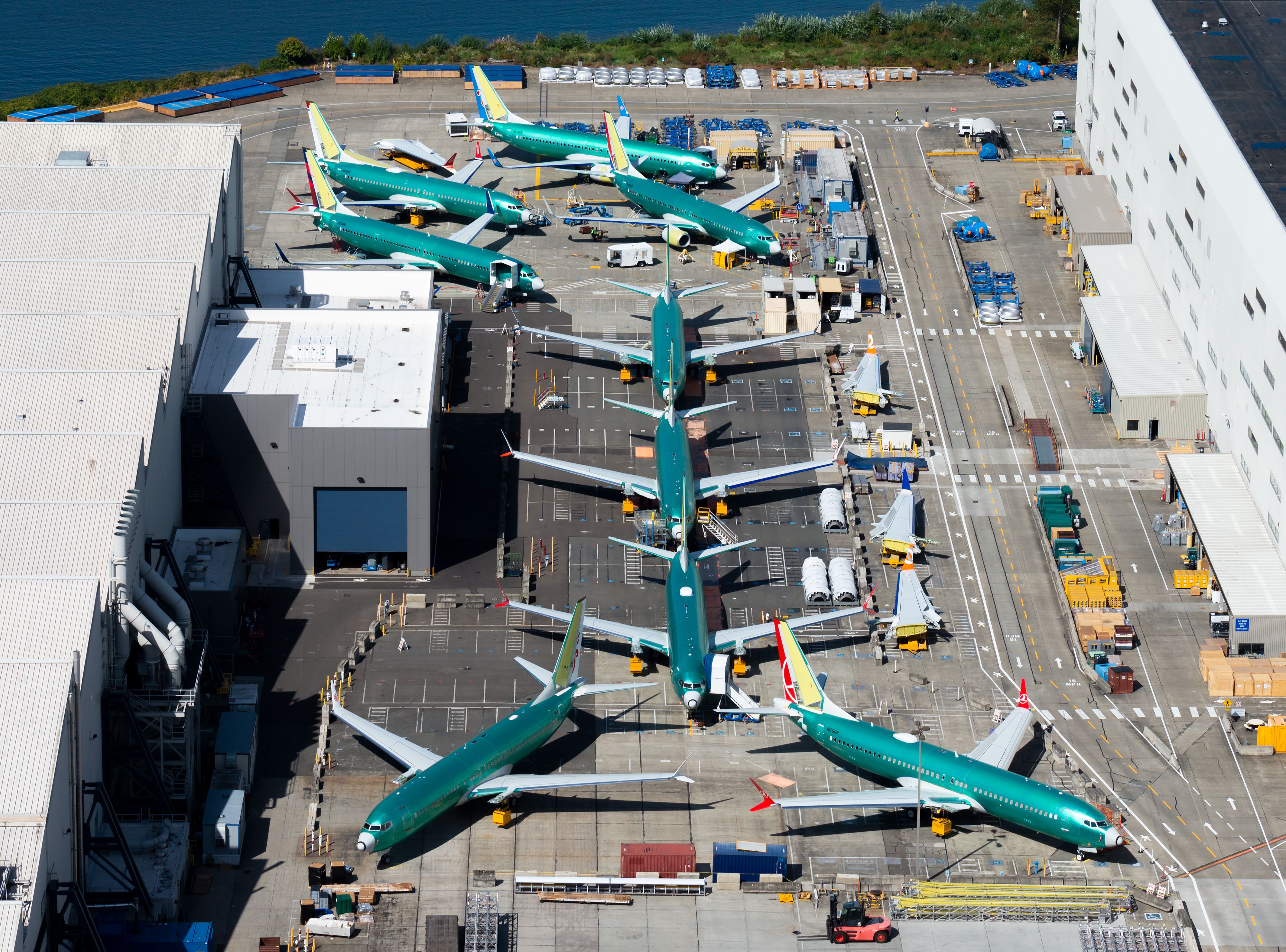Multiple Boeing 737 MAX and NG parked outside the company factory at Renton Airport