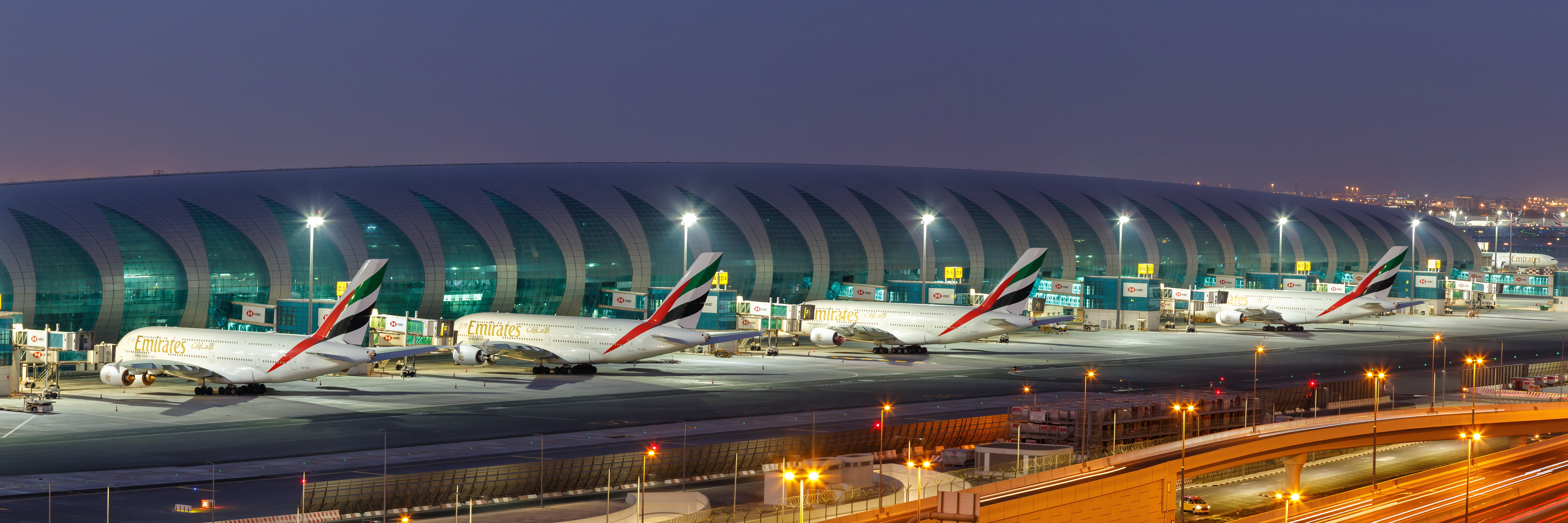 Emirates Airbus A380 airplanes at Dubai International Airport (DXB) in the United Arab Emirates.