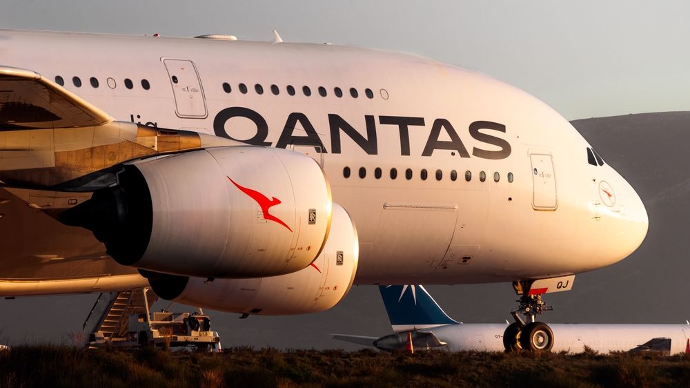  A Qantas Airways Airbus A380 at the ramp of Athens International Airport.