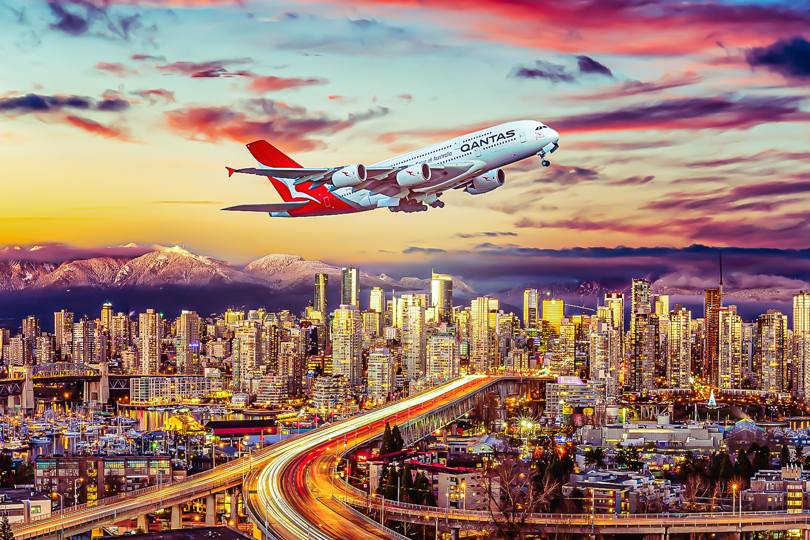 Qantas A380 flying over city
