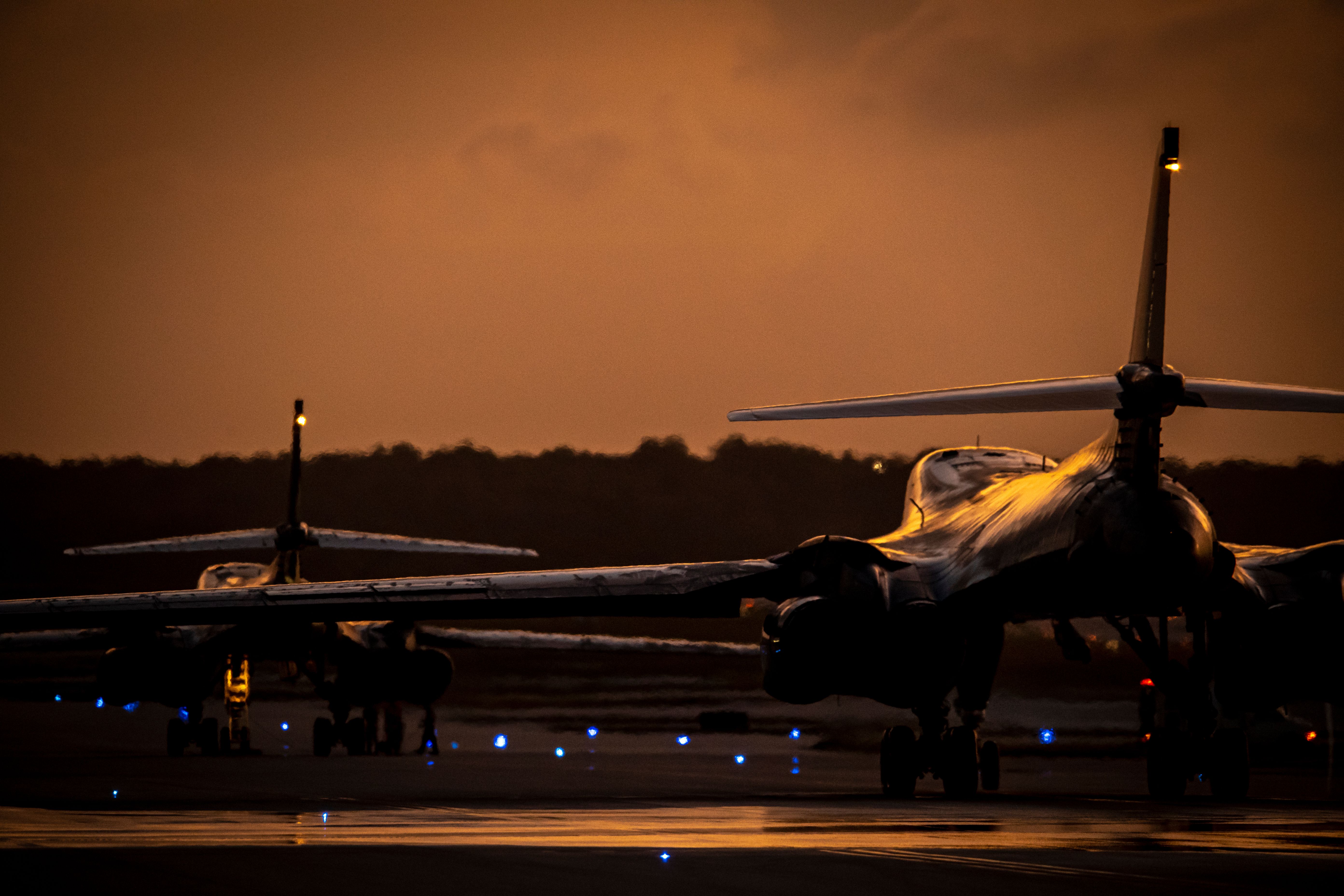 Two U.S. Air Force B-1B Lancers attached to the 34th Expeditionary Bomb Squadron, Ellsworth Air Force Base, South Dakota