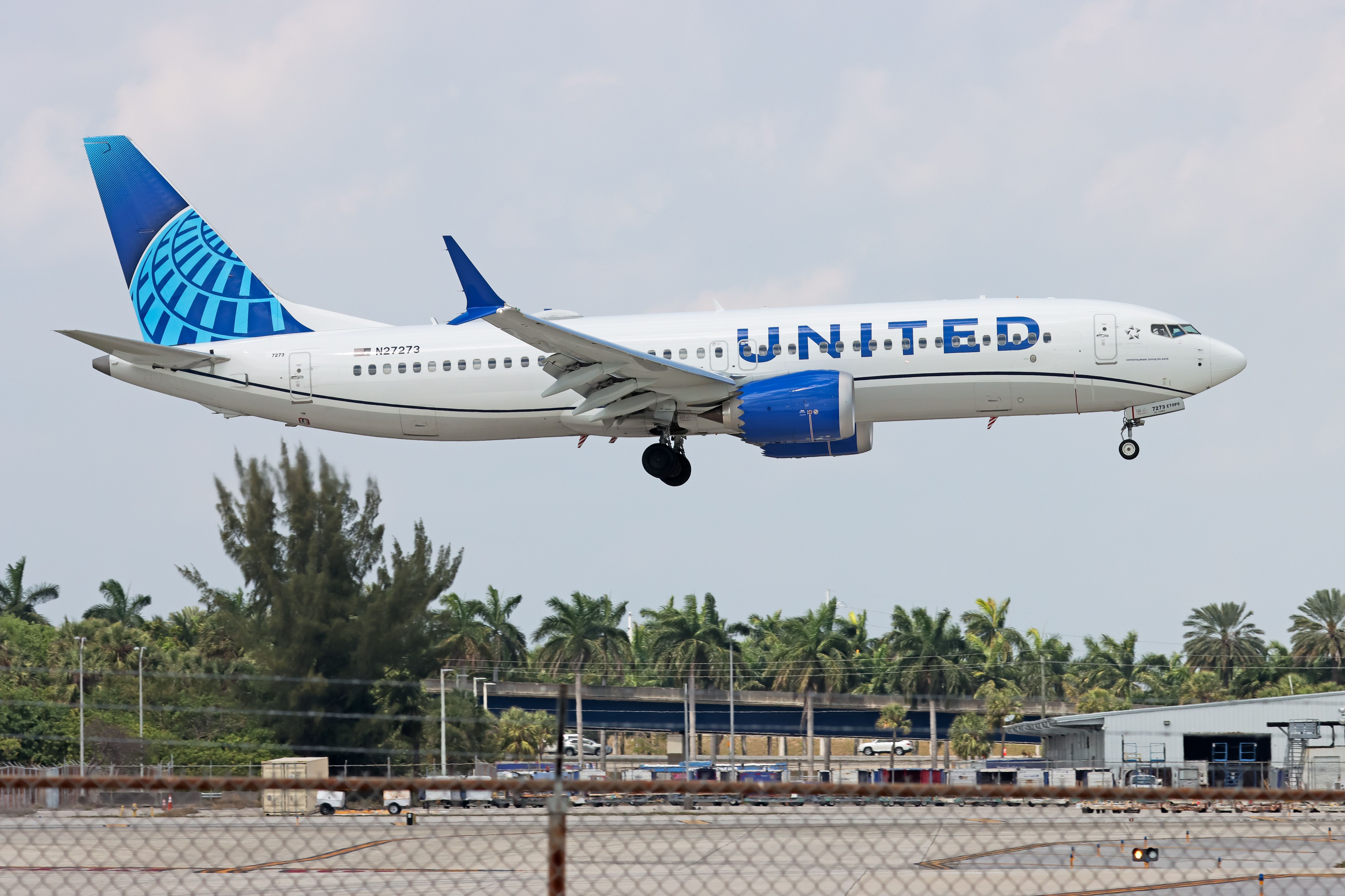 United Airlines Boeing 737 MAX 8 landing at FLL shutterstock_2601991701