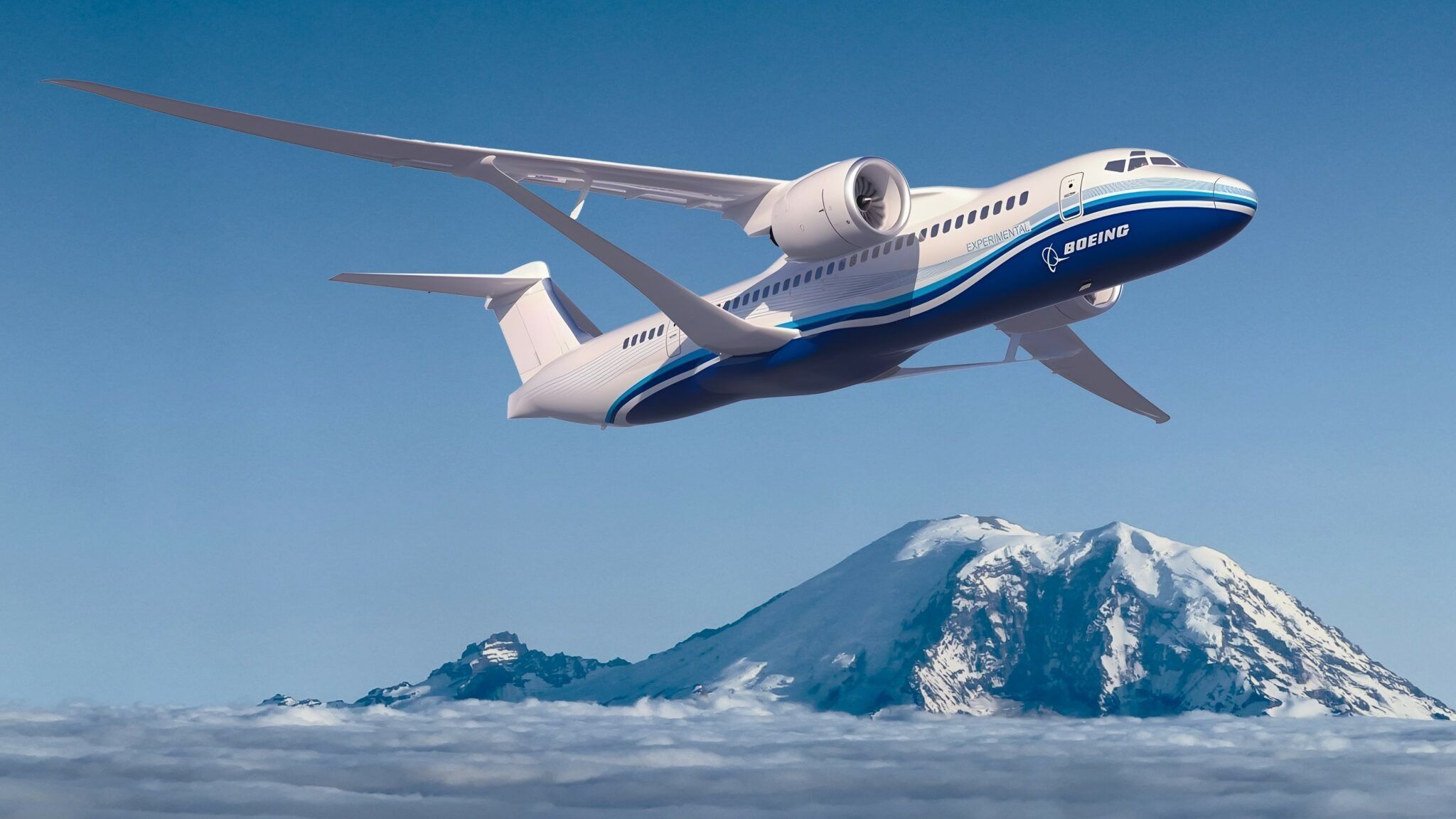 Boeing Graphic of X-66 and Mount Rainier