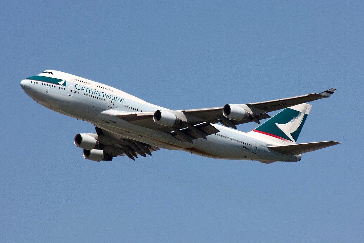 Cathay Pacific Boeing 747-400 B-HKU takes off at Frankfurt Int'l Airport