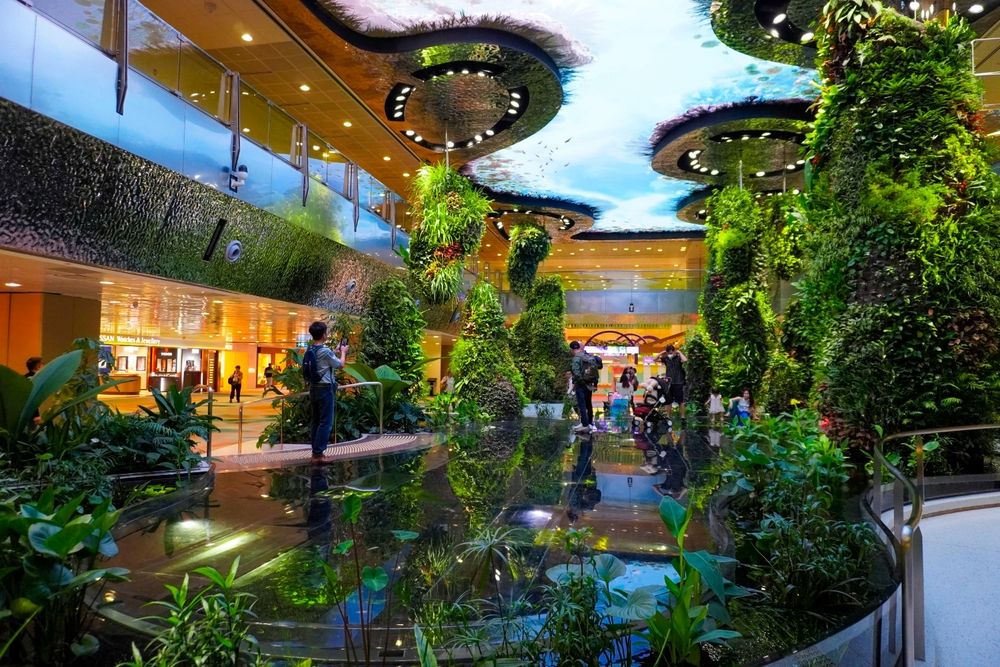 Changi Airport in Singapore, airport interior, installation with green and pond