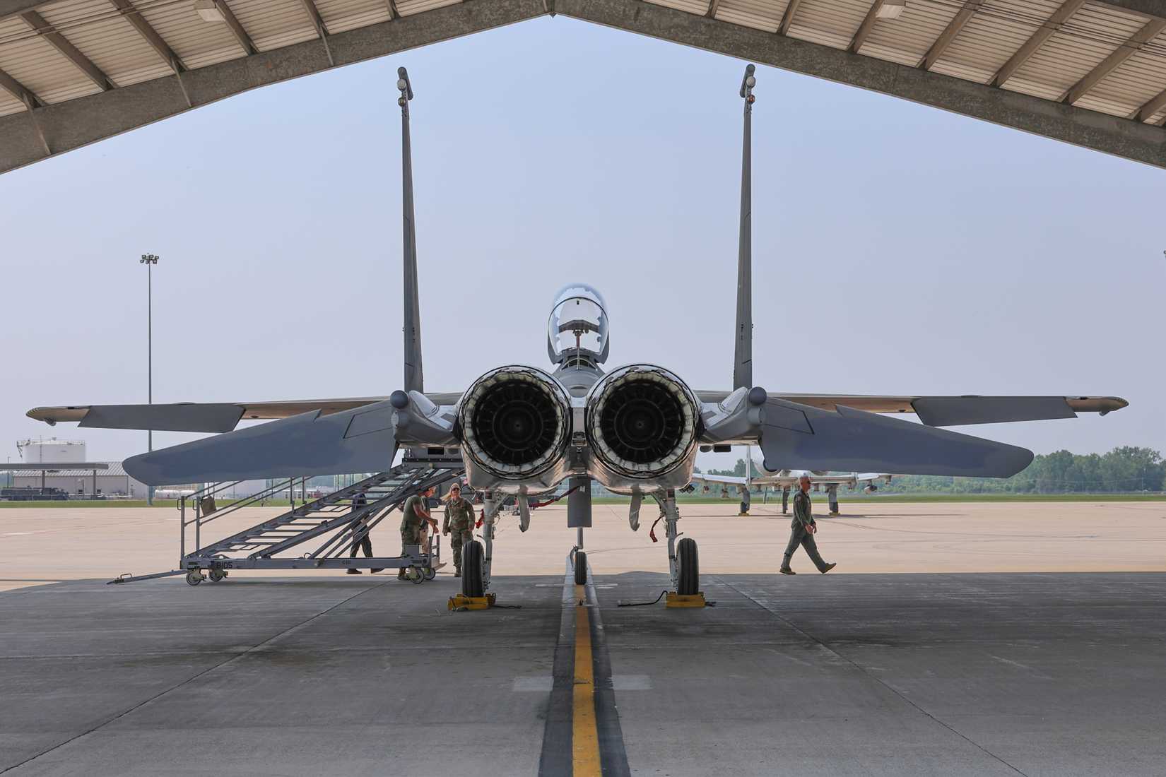 An F-15EX Eagle II from the Defense Contracting Management Agency Boeing St. Louis, sits on the flight line