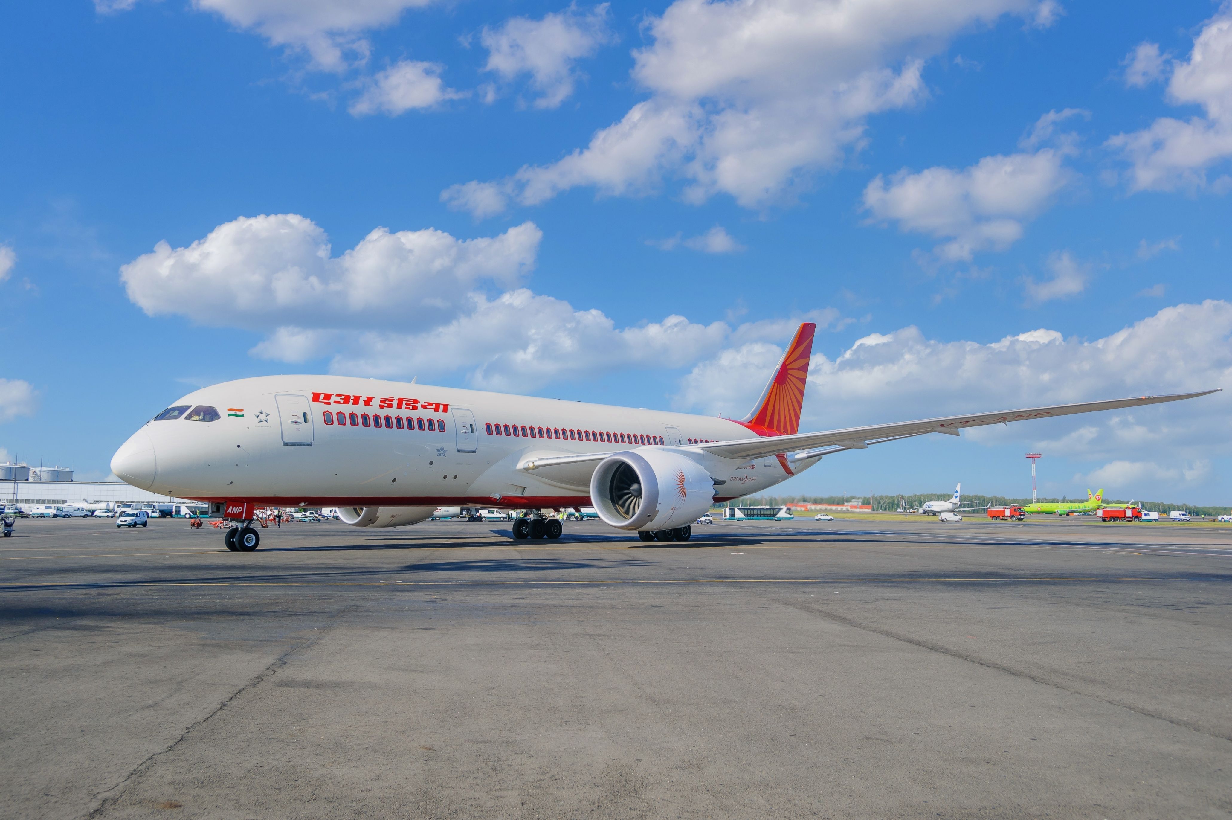 Boeing 787 Dreamliner with tail number VTANP of Air India airline arrives at the apron of Moscow Domodedovo Airport, Russia