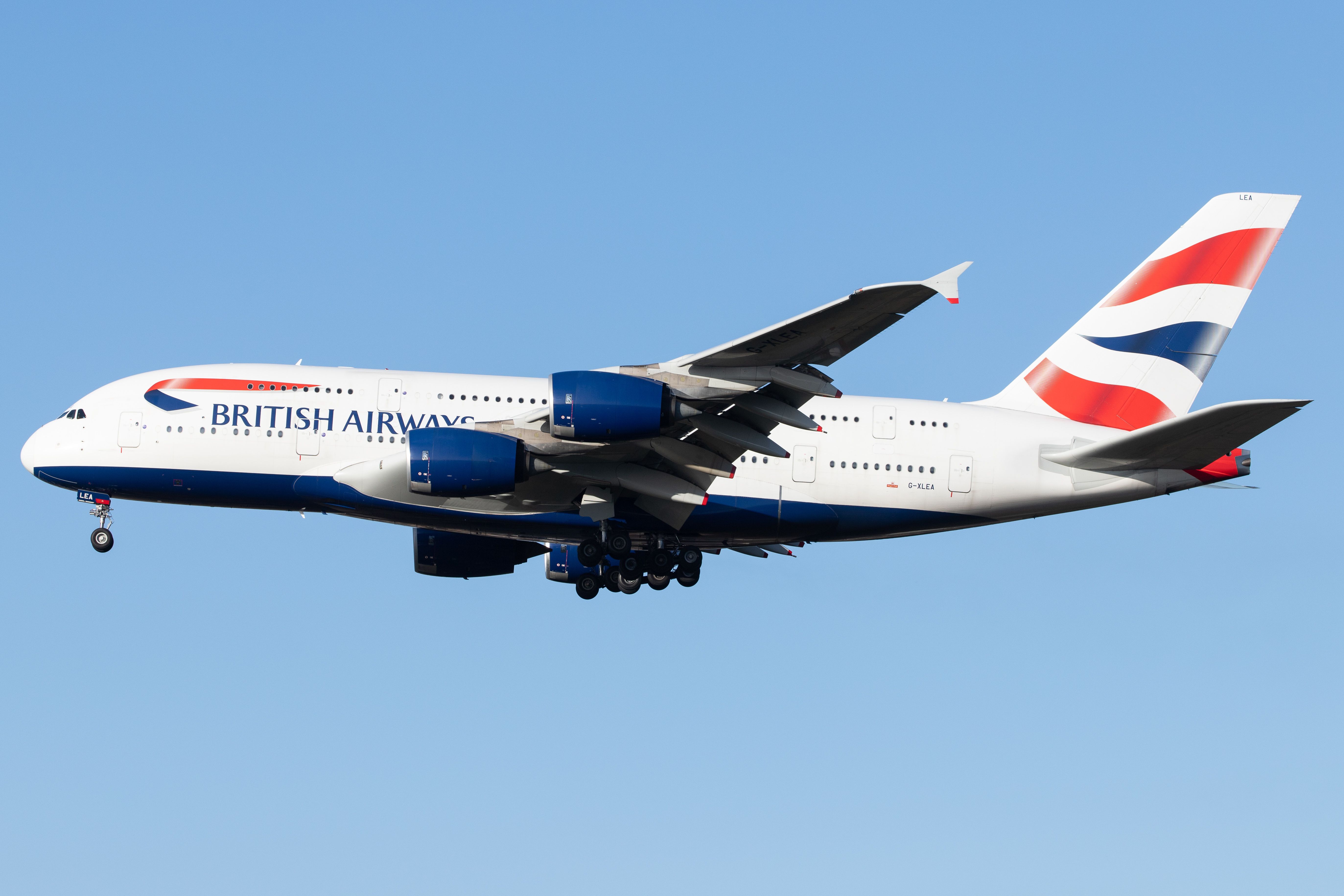 British Airways Airbus A380 landing at LHR shutterstock_1983915662