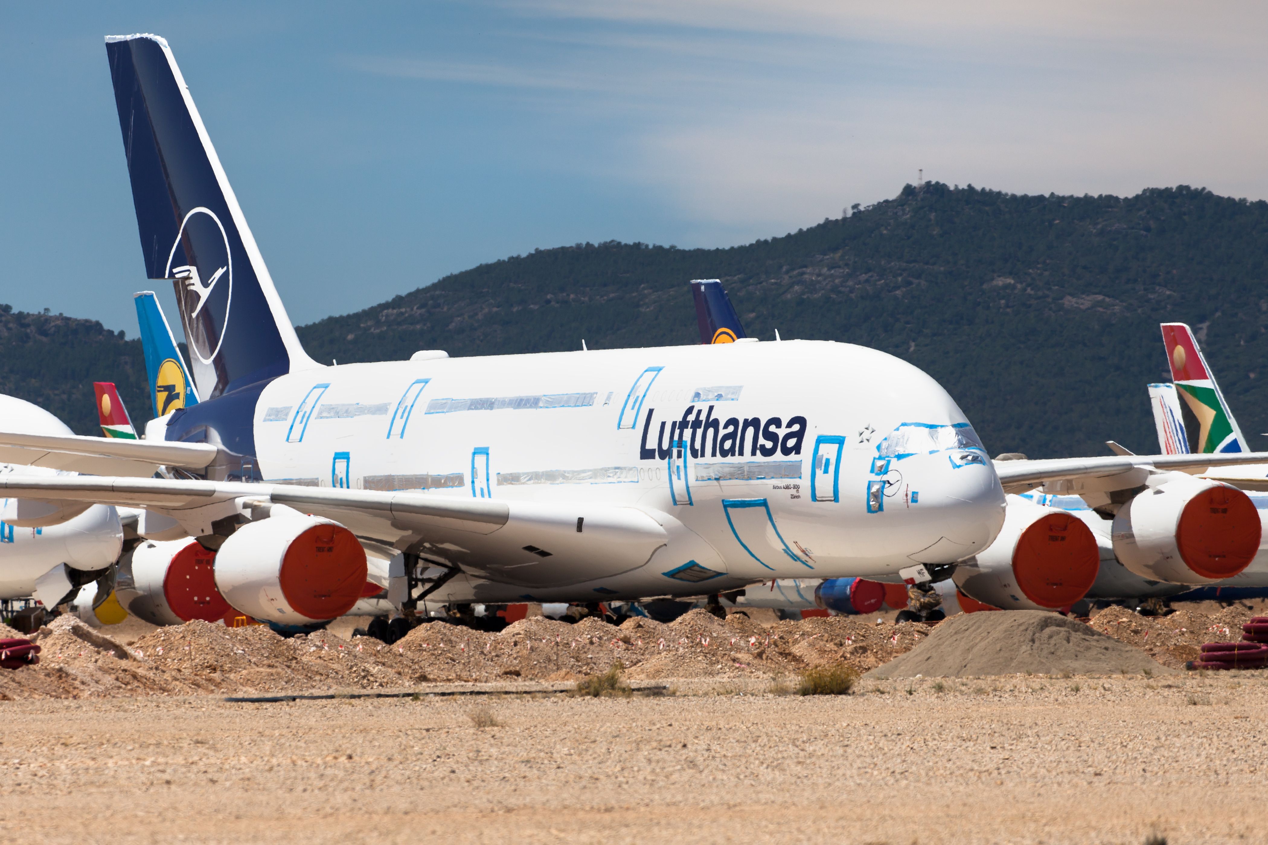 Lufthansa Airbus A380 stored at TEV shutterstock_1814584685