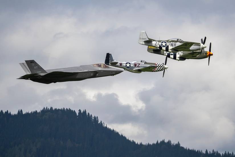USAF Heritage Flight North American P-51 Mustang and Lockheed Martin F-35 Lightning II.