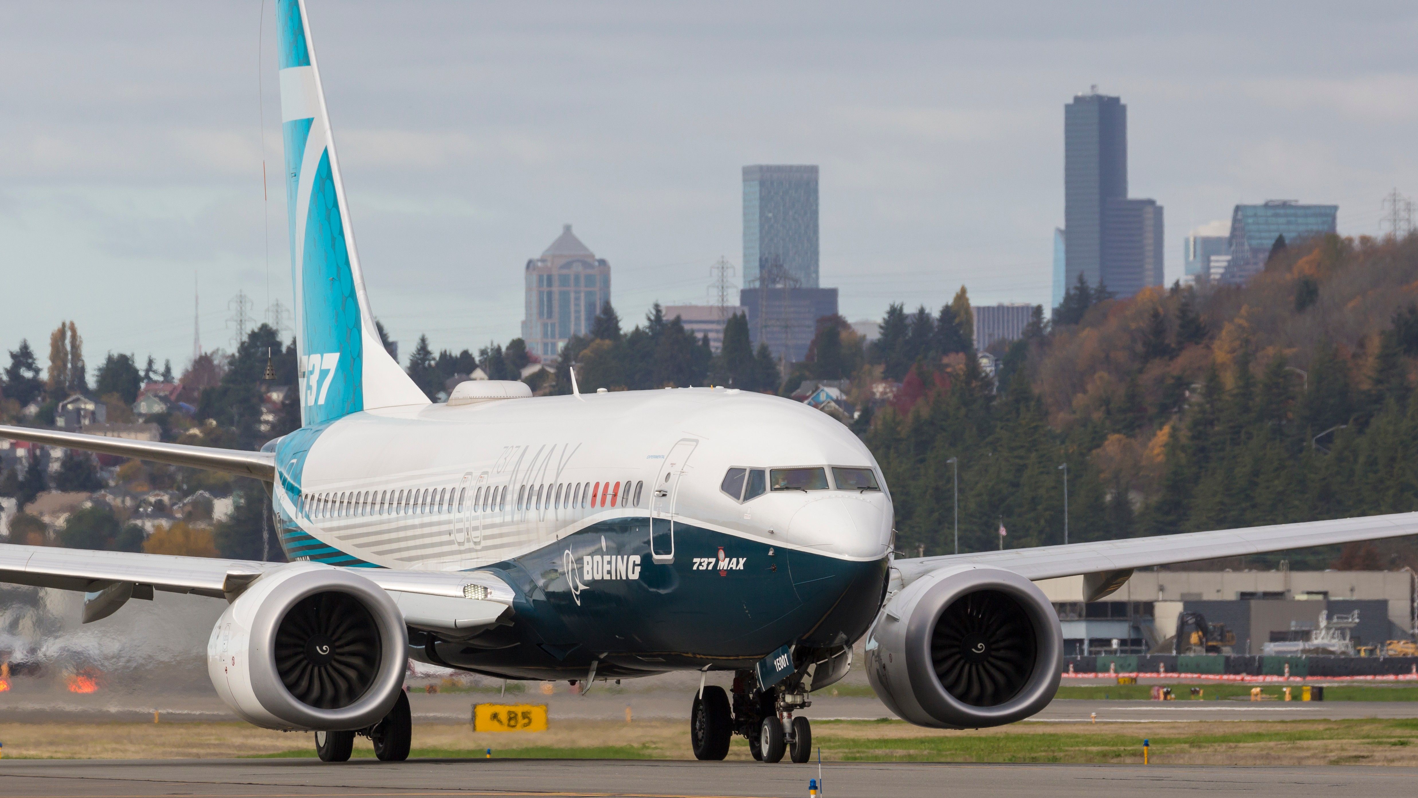 A Boeing 737 Max 7 departs from King County International Airport, also known as Boeing Field.