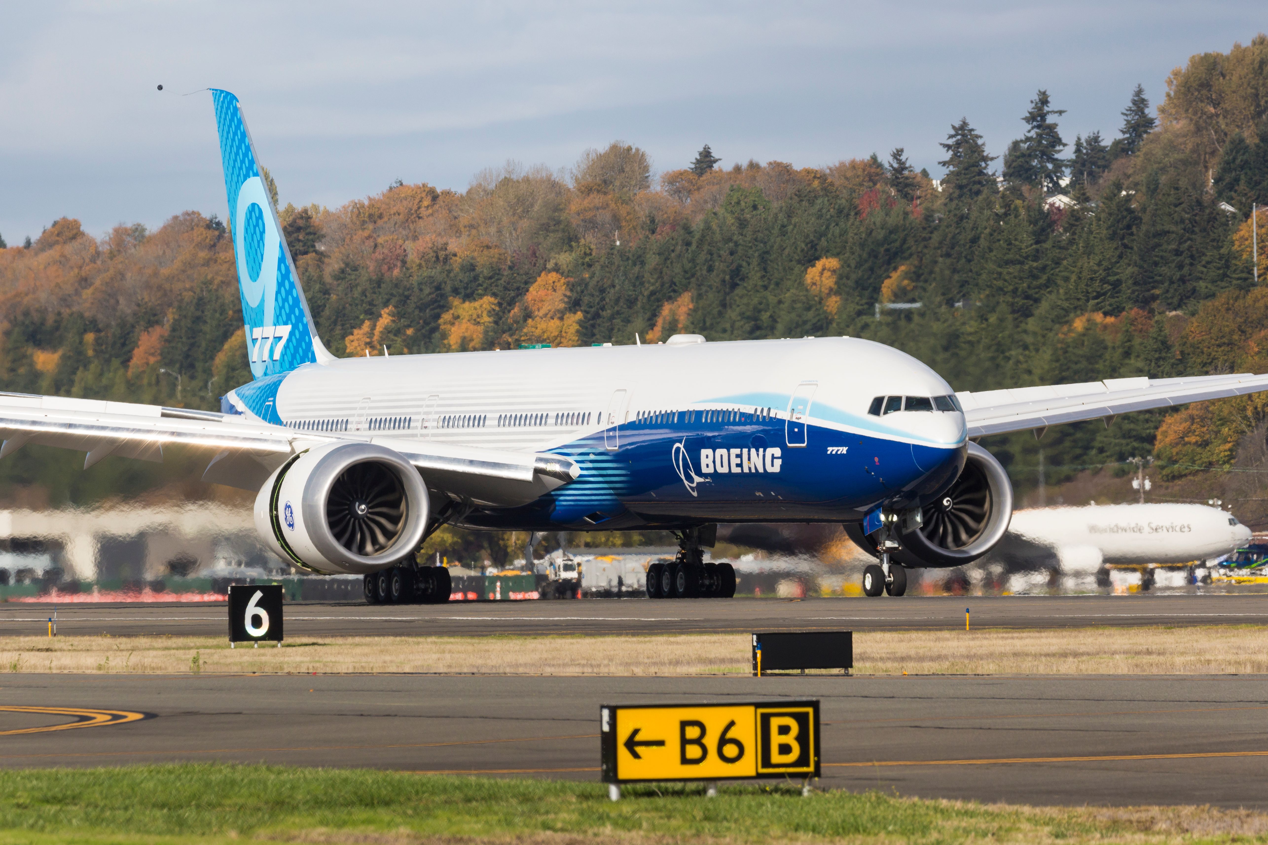 A Boeing 777X arrives at Boeing Field.