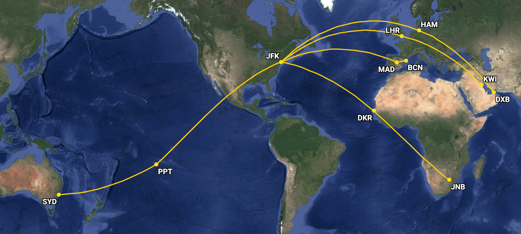 Airbus A340 one-stop flights from:to New York John F. Kennedy International Airport (JFK) in July 2007