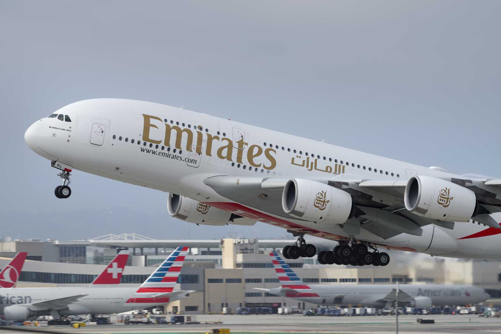 Emirates Airbus A380 -800 shown taking off from LAX, Los Angeles International Airport.