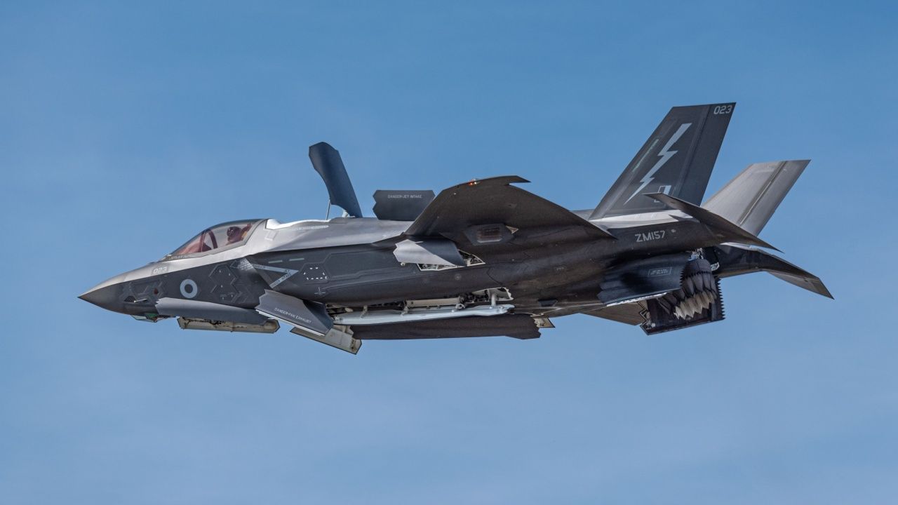 RAF F-35B fighter aircraft flying on hovering aircraft