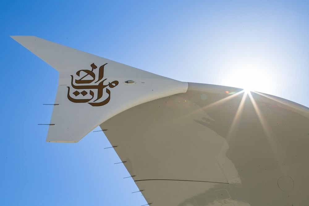 Wing tip view of an Emirates Airbus A380 on static display at the Dubai Airshow.
