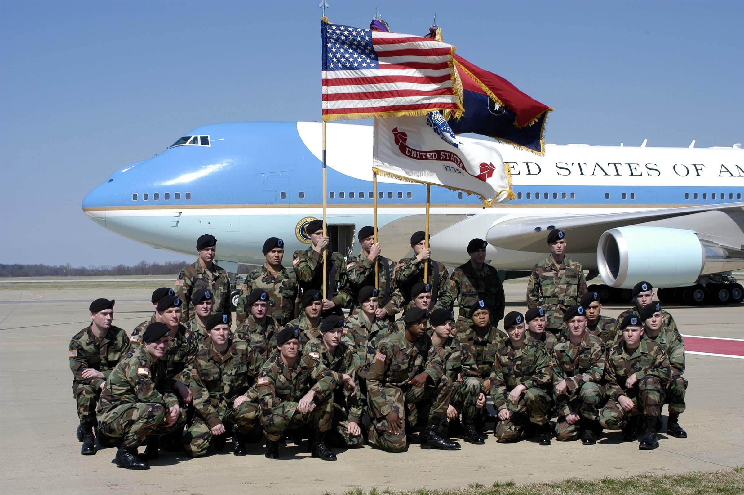 With Air Force One in the background, members of the Army's 101st Airborne Division prepare to greet President Bush, who visited Fort Campbell, Ky., March 18 to personally thank soldiers for their service in Iraq.