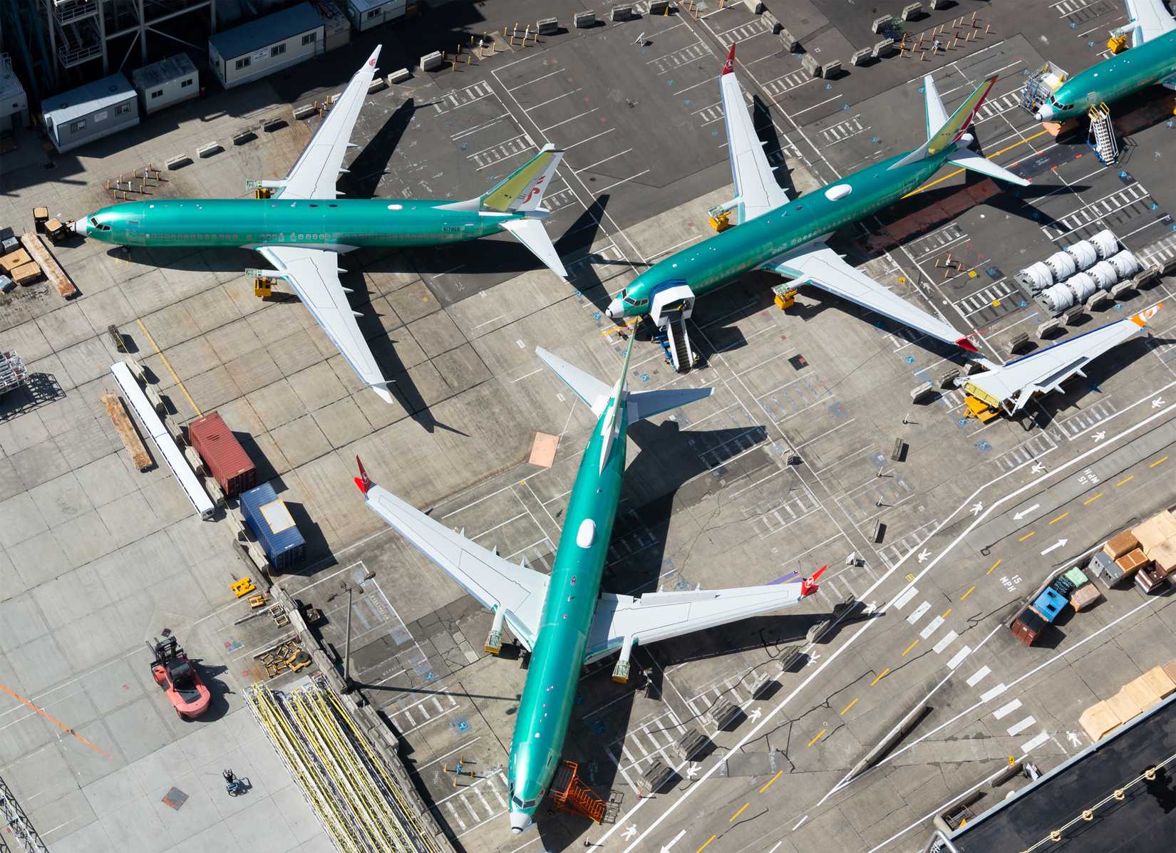 Aerial view of Boeing 737 MAX parked outside the company factory at Renton Airport. Aircraft model currently grounded worldwide due to two fatal crashes.