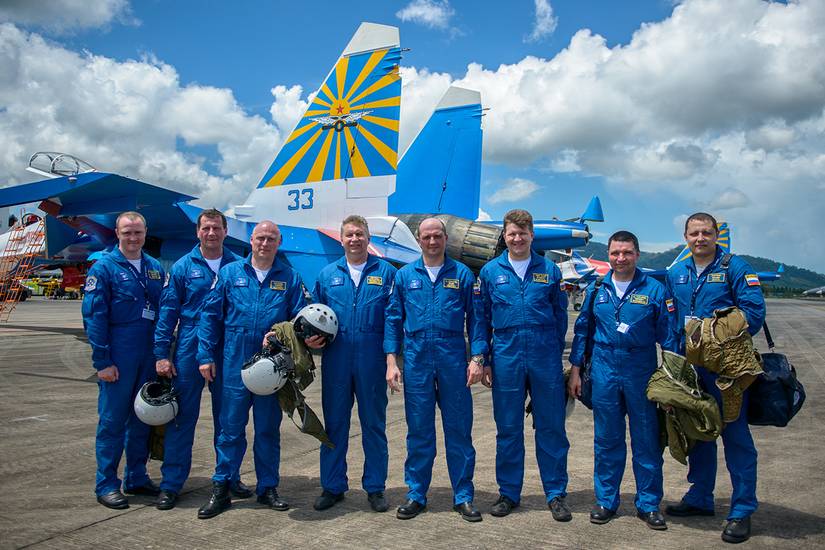 Aerobatic demonstration team Russian Knights at opening of the international exhibition LIMA'2017. Malaysia, 21 Mart 2017.