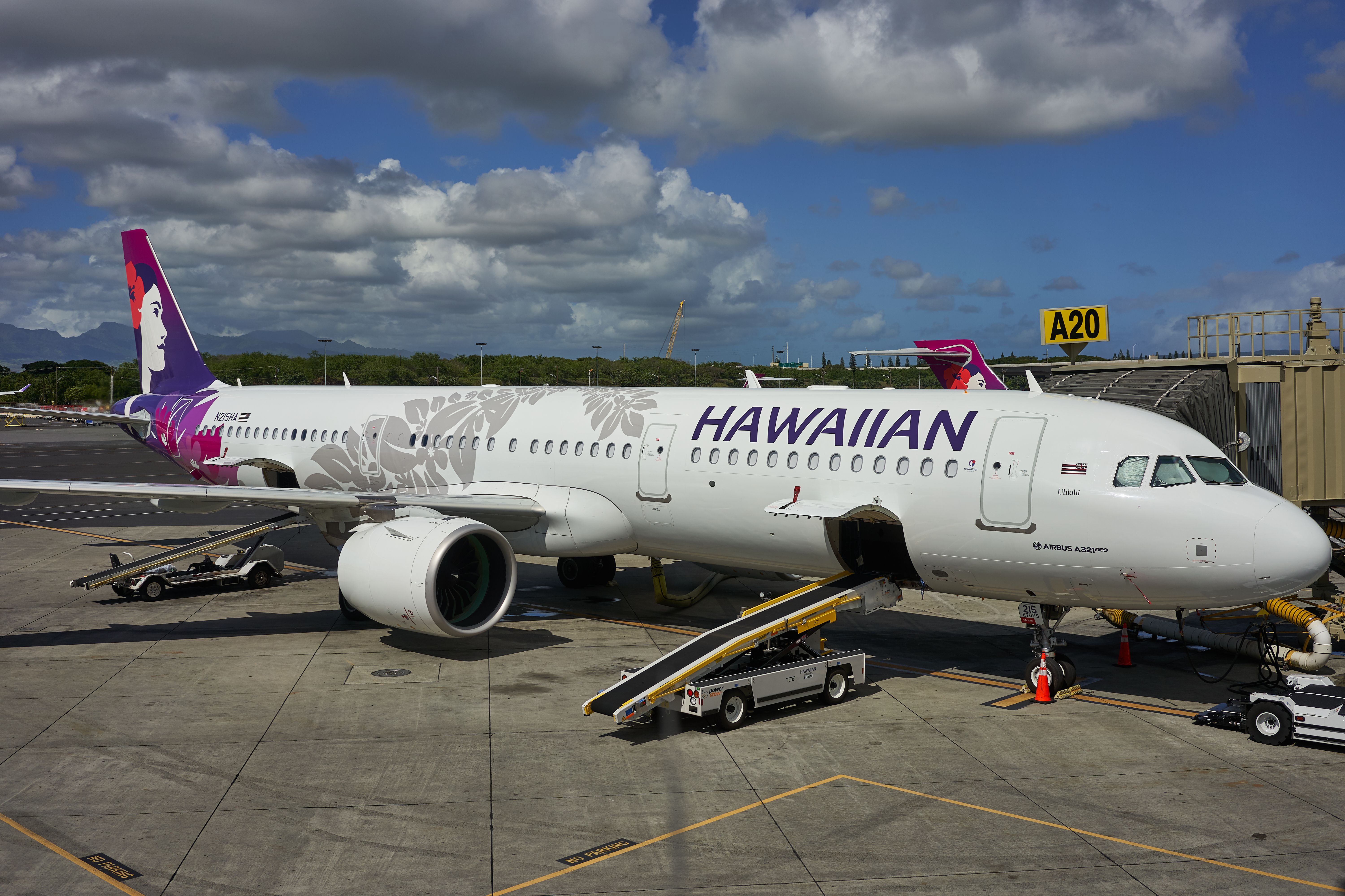 An Airbus A321neo passenger aircraft in the Hawaiian Airlines fleet is seen at the gate in Daniel K. Inouye International Airport.
