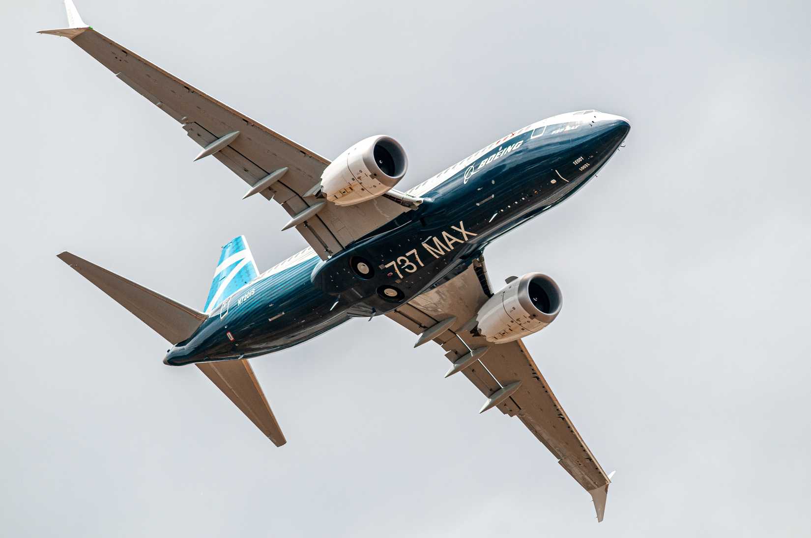 Boeing 737-7 MAX displaying at the Farnborough International Airshow in July 2018.