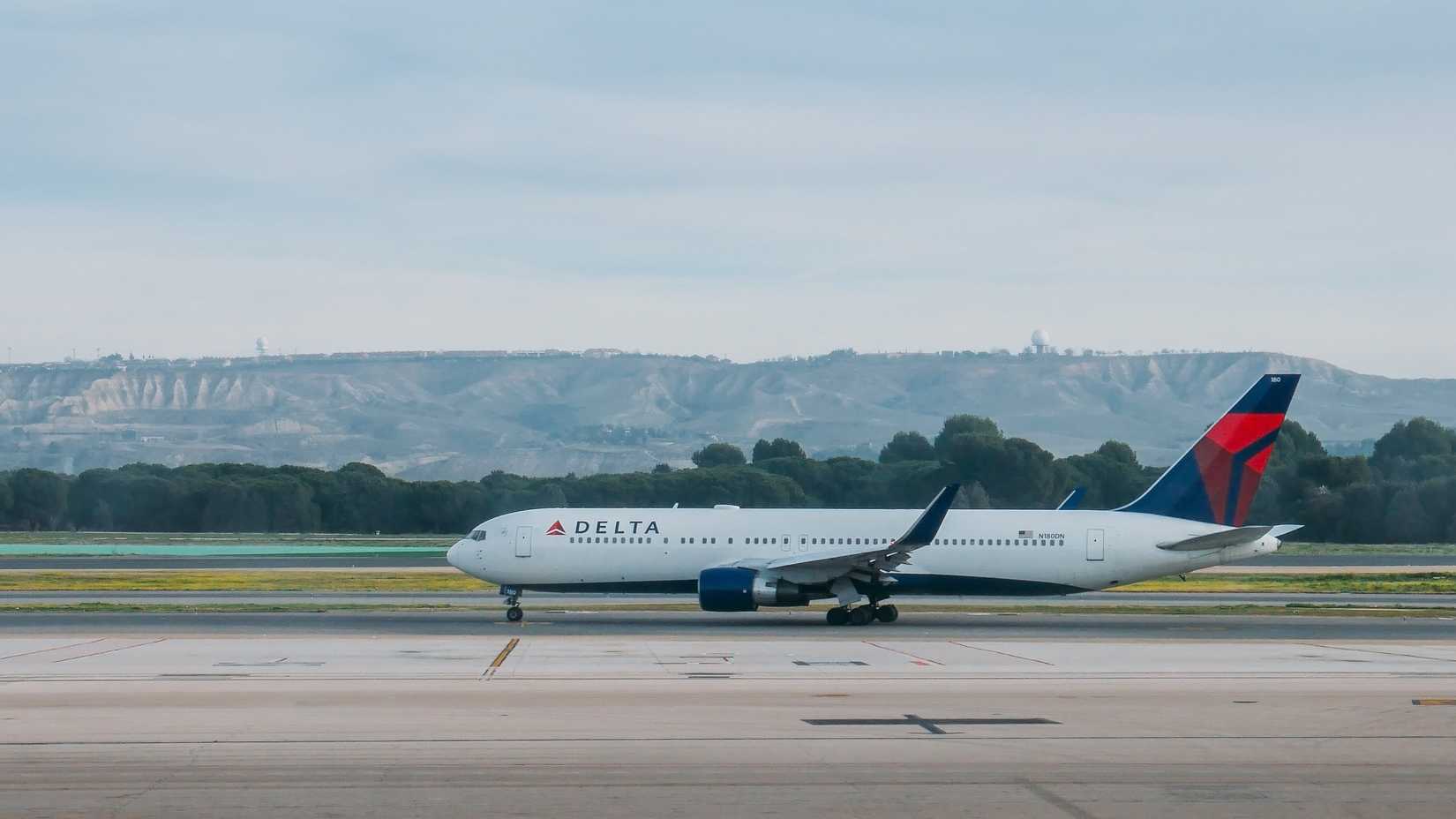 Delta Airlines airplane at Madrid-Barajas Adolfo Suarez airport, Spain.
