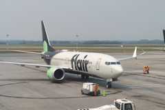 Flair Airlines Boeing 737 is parking at Edmonton International Airport