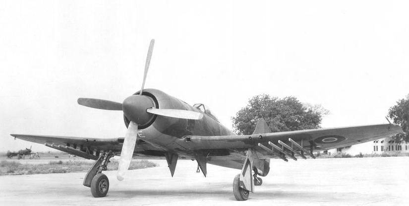 Hawker Tempest II at Jammu airfield, equipped with Rocket rails and in RAF camouflage and scheme.