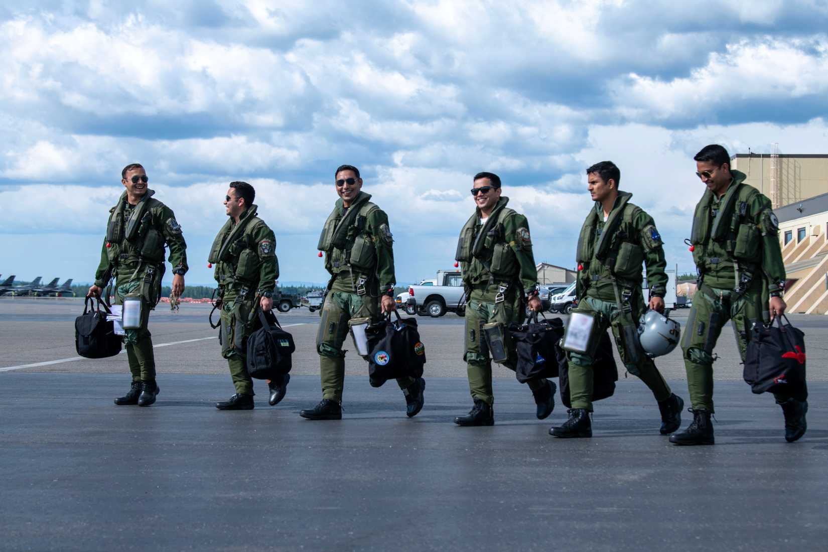 Pilots from the Indian Air Force walk out to their jets during Red Flag-Alaska 24-2 at Eielson Air Force Base, Alaska, June 11, 2024.