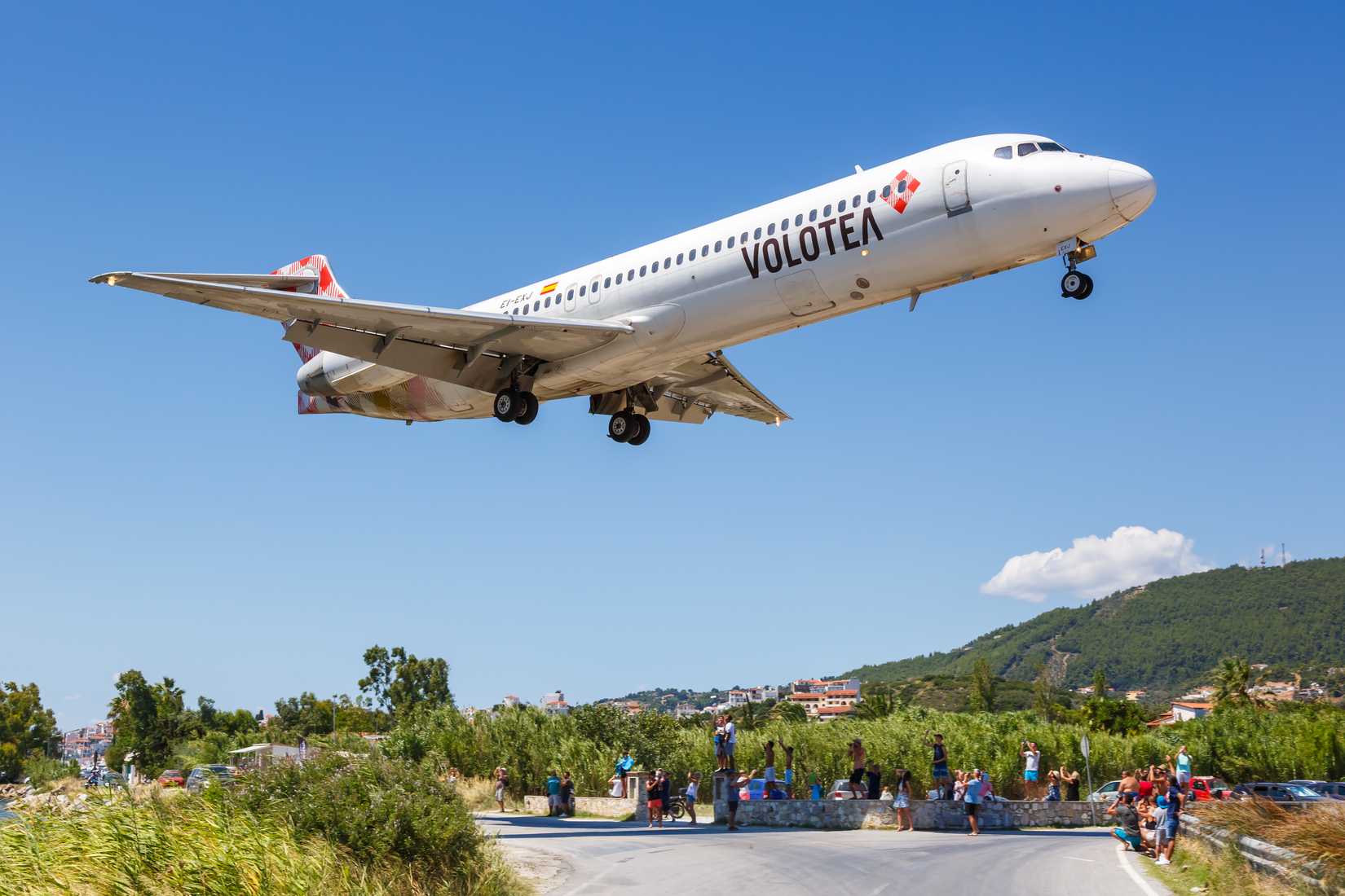 Volotea Boeing 717 airplane at Skiathos airport (JSI) in Greece. 