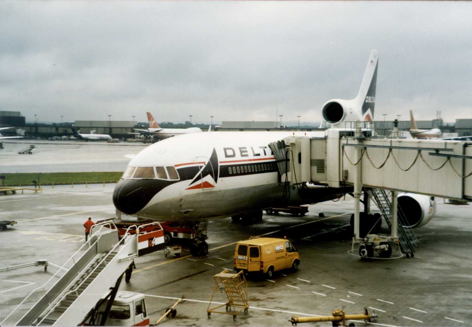 Delta Air Lines Lockheed Tristar aircraft with jet bridge
