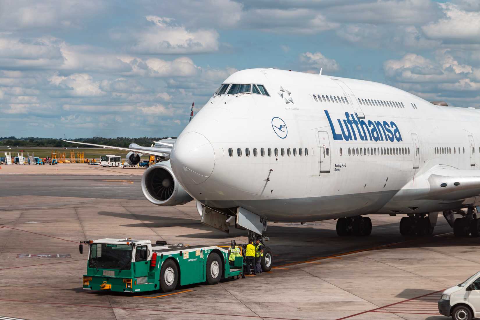 Frontal view of Lufthansa Boeing 747-8 at Ezeiza International Airport, Buenos Aires
