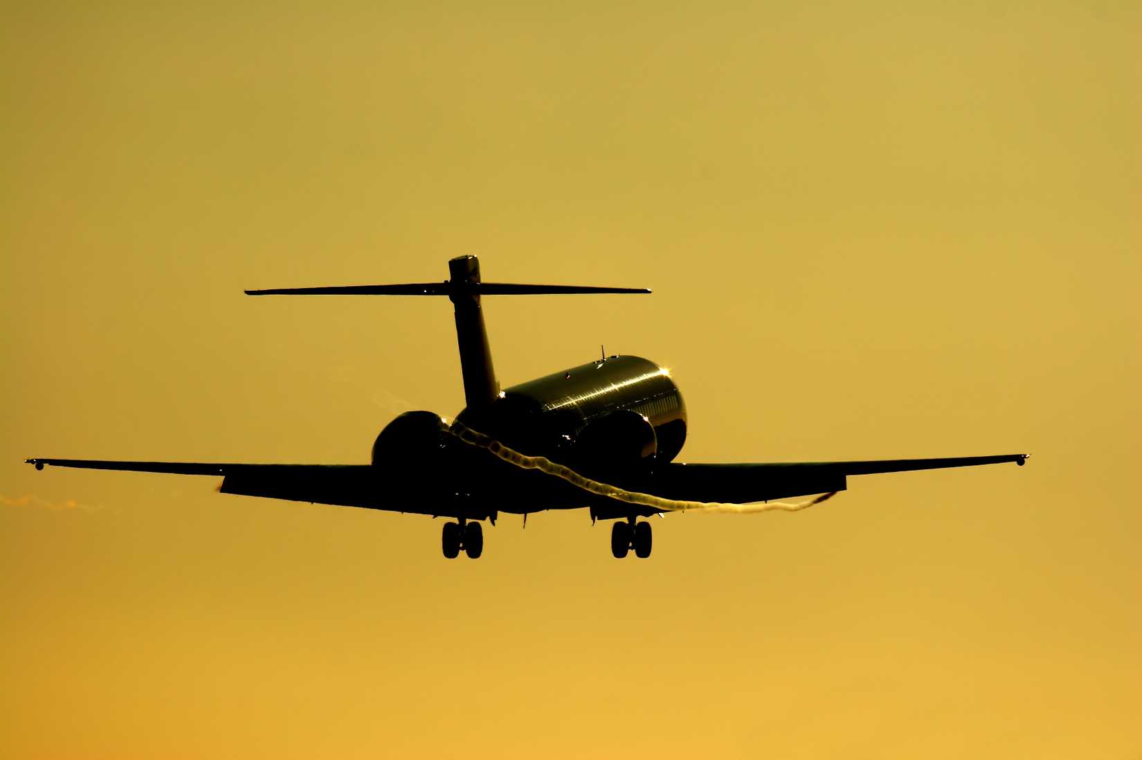 Silhouette of Boeing 717 about to touch down into the setting sun at LAX international airport.