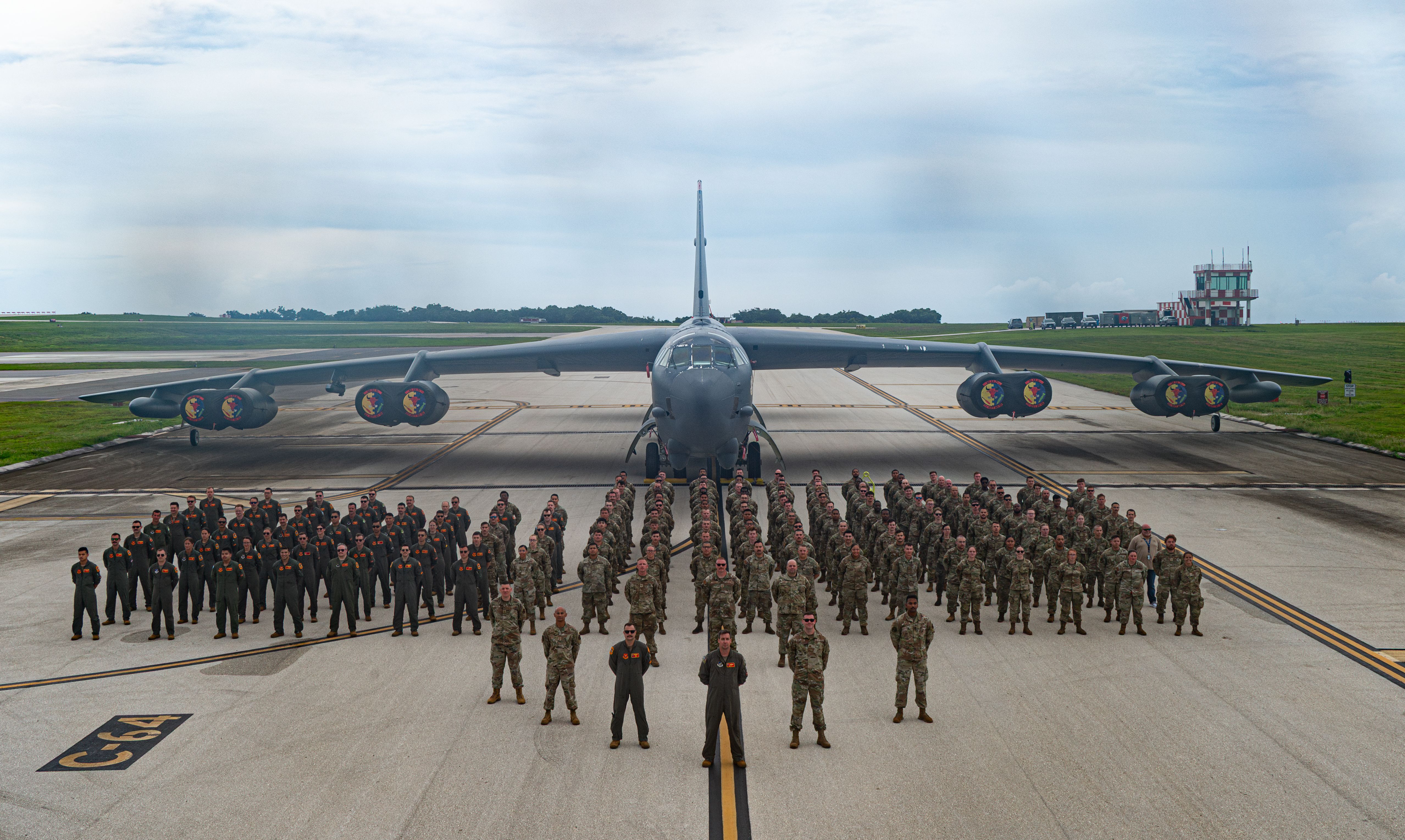 The 23rd Expeditionary Bomb Squadron stands in formation during Bomber Task Force 25-3 at Andersen Air Force Base, Guam, July 18, 2025.