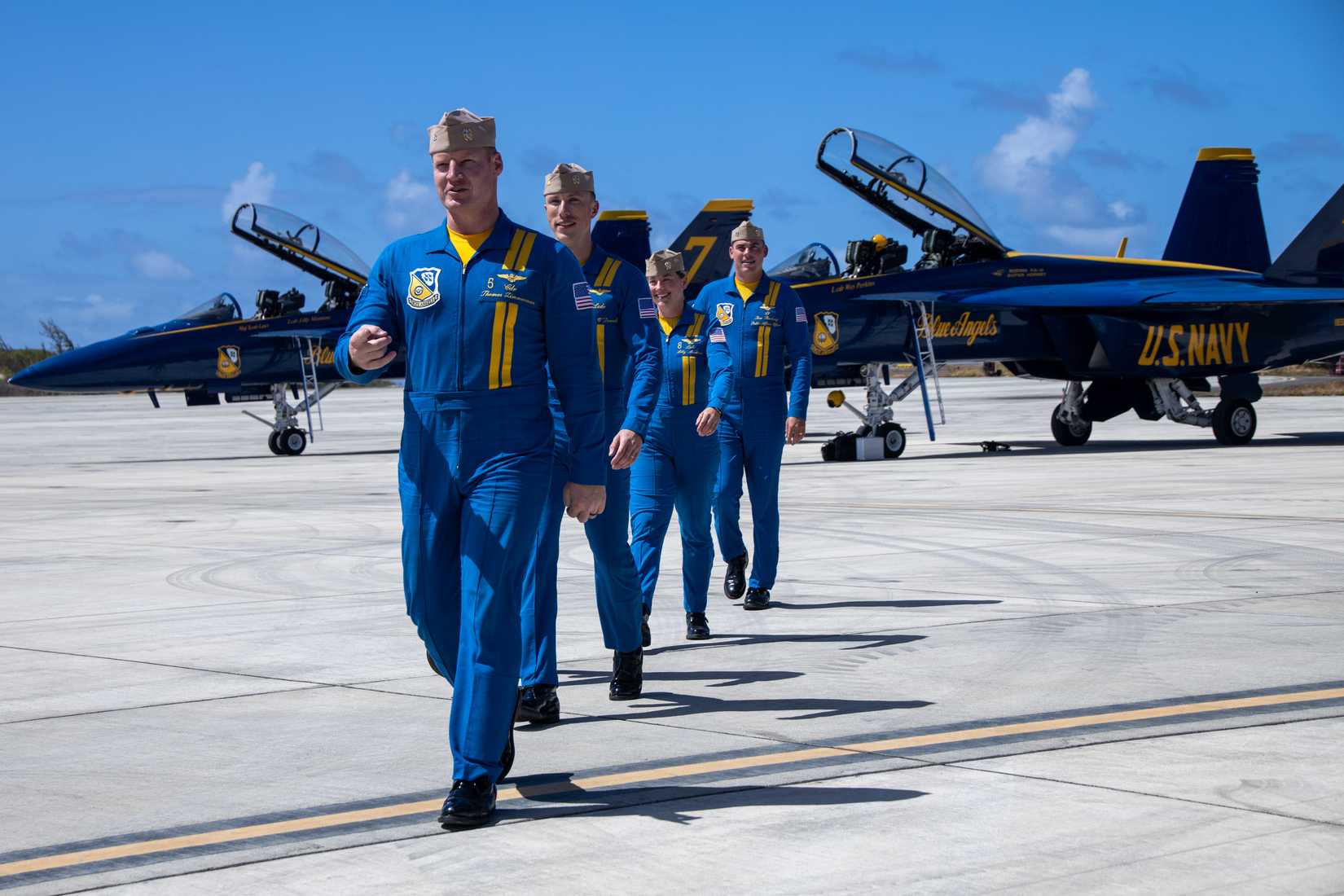 U.S. Navy Blue Angels pilots and crew members exit FA-18F Super Hornets after arriving at Marine Corps Base Hawaii, Aug. 4, 2025.