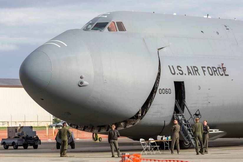 United States Air Force C-5 Galaxy sits on static display at the 2018 Arctic Thunder Airshow