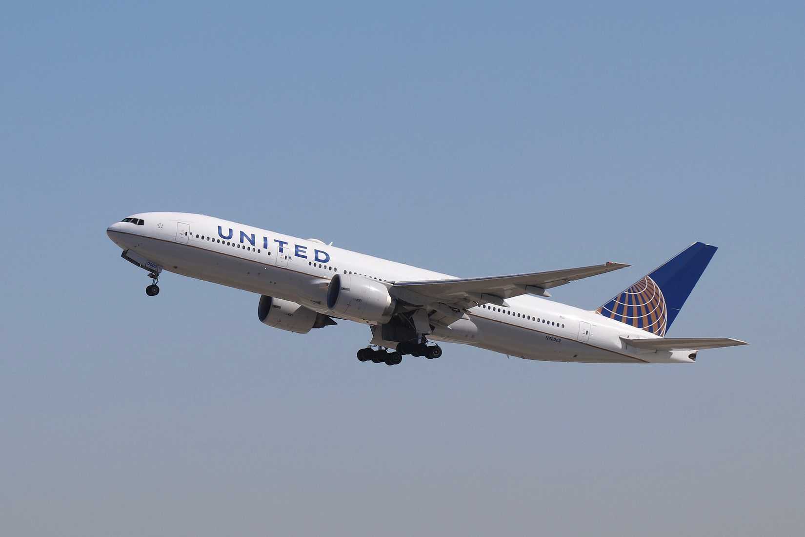 : A United Airlines Boeing 777-200 departing Los Angeles International Airport for Honolulu on April 19, 2021.