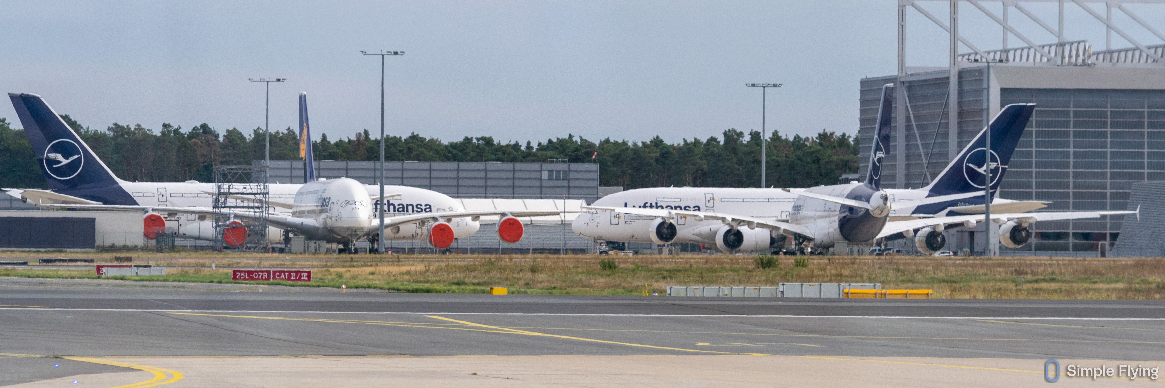 Lufthansa Airbus A380s in storage at Frankfurt Airport